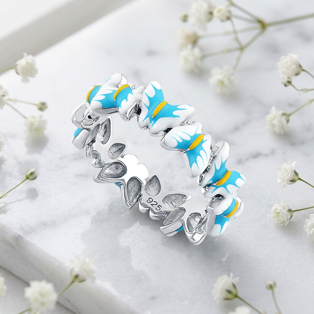Sterling Silver Blue and White Enamel Butterfly Eternity Ring for Women life1