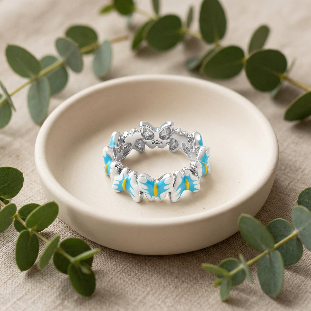 Sterling Silver Blue and White Enamel Butterfly Eternity Ring for Women life2