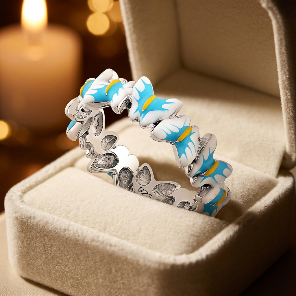 Sterling Silver Blue and White Enamel Butterfly Eternity Ring for Women life3
