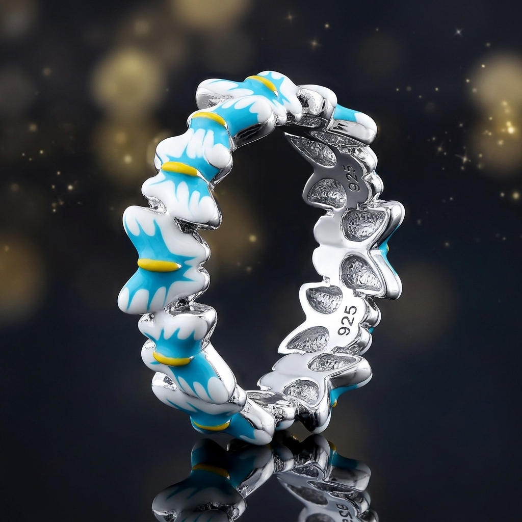 Sterling Silver Blue and White Enamel Butterfly Eternity Ring for Women life4