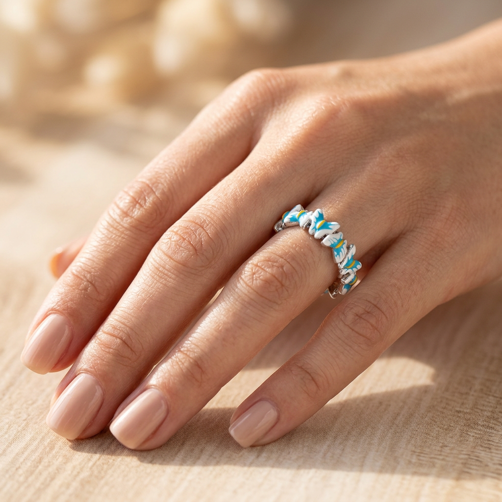 Sterling Silver Blue and White Enamel Butterfly Eternity Ring for Women model