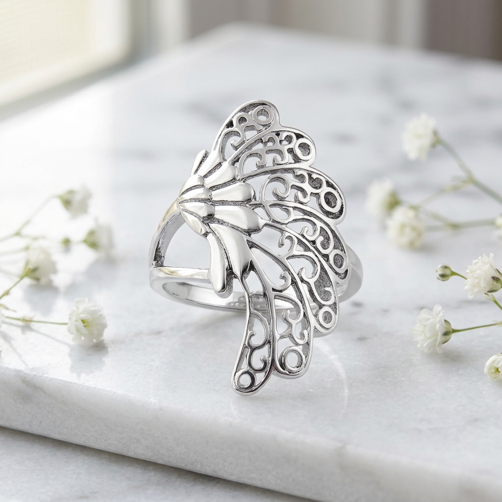 Sterling Silver 2.8mm Filigree Feather Wing Statement Ring for Women life1