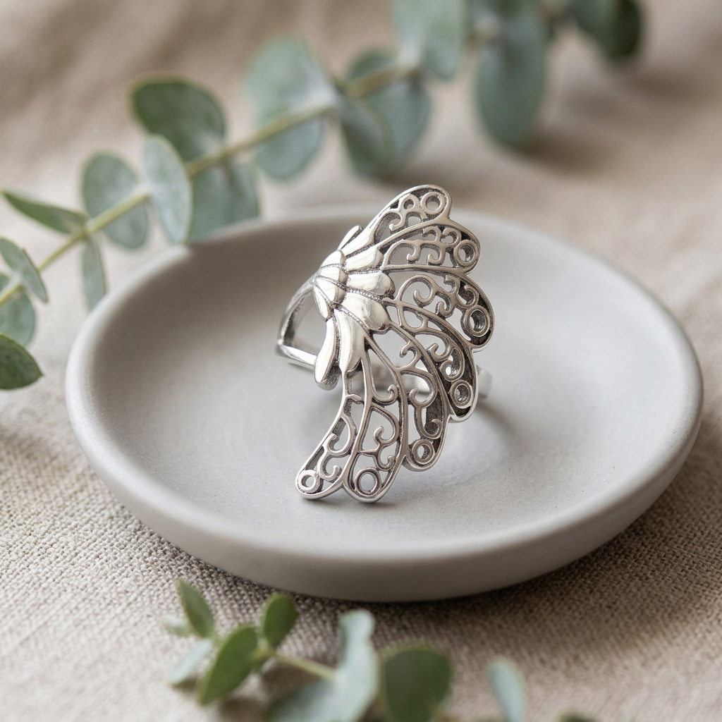 Sterling Silver 2.8mm Filigree Feather Wing Statement Ring for Women life2