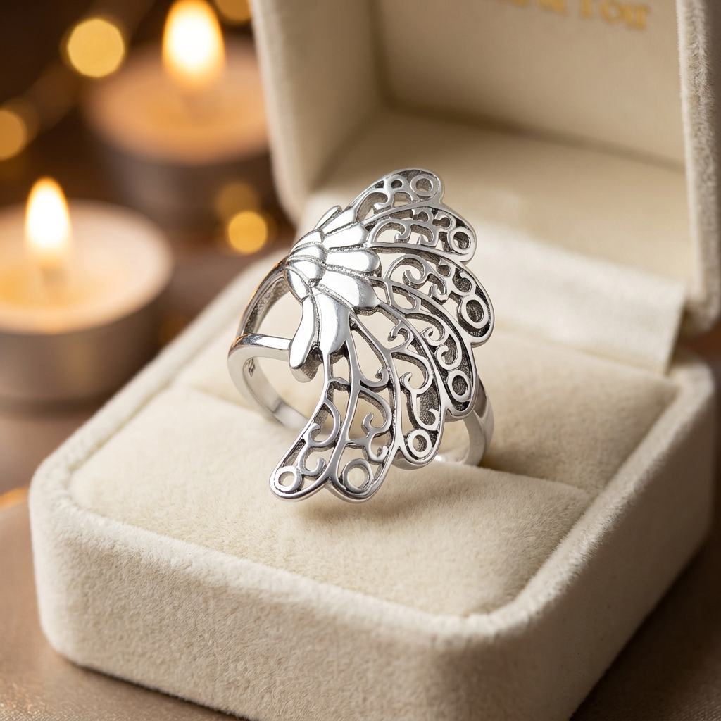 Sterling Silver 2.8mm Filigree Feather Wing Statement Ring for Women life3