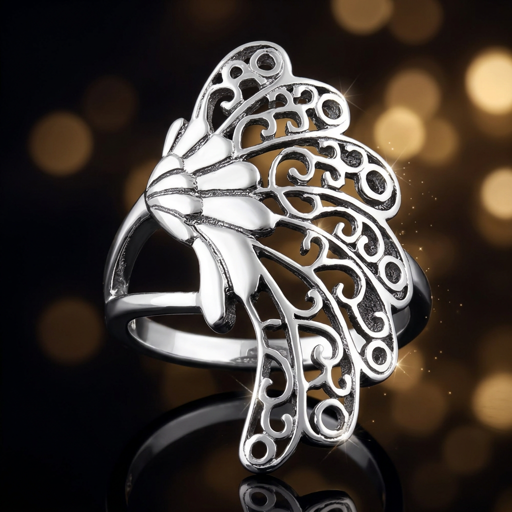 Sterling Silver 2.8mm Filigree Feather Wing Statement Ring for Women life4