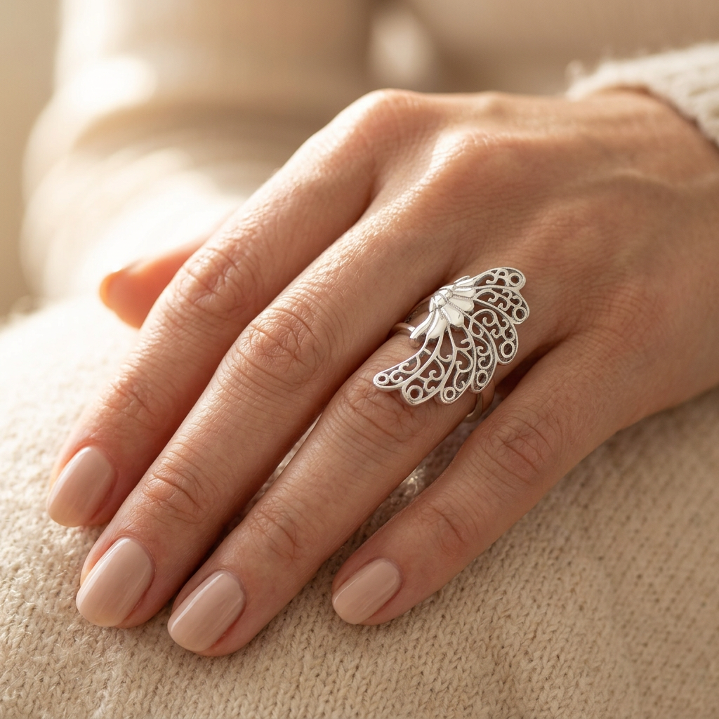 Sterling Silver 2.8mm Filigree Feather Wing Statement Ring for Women model