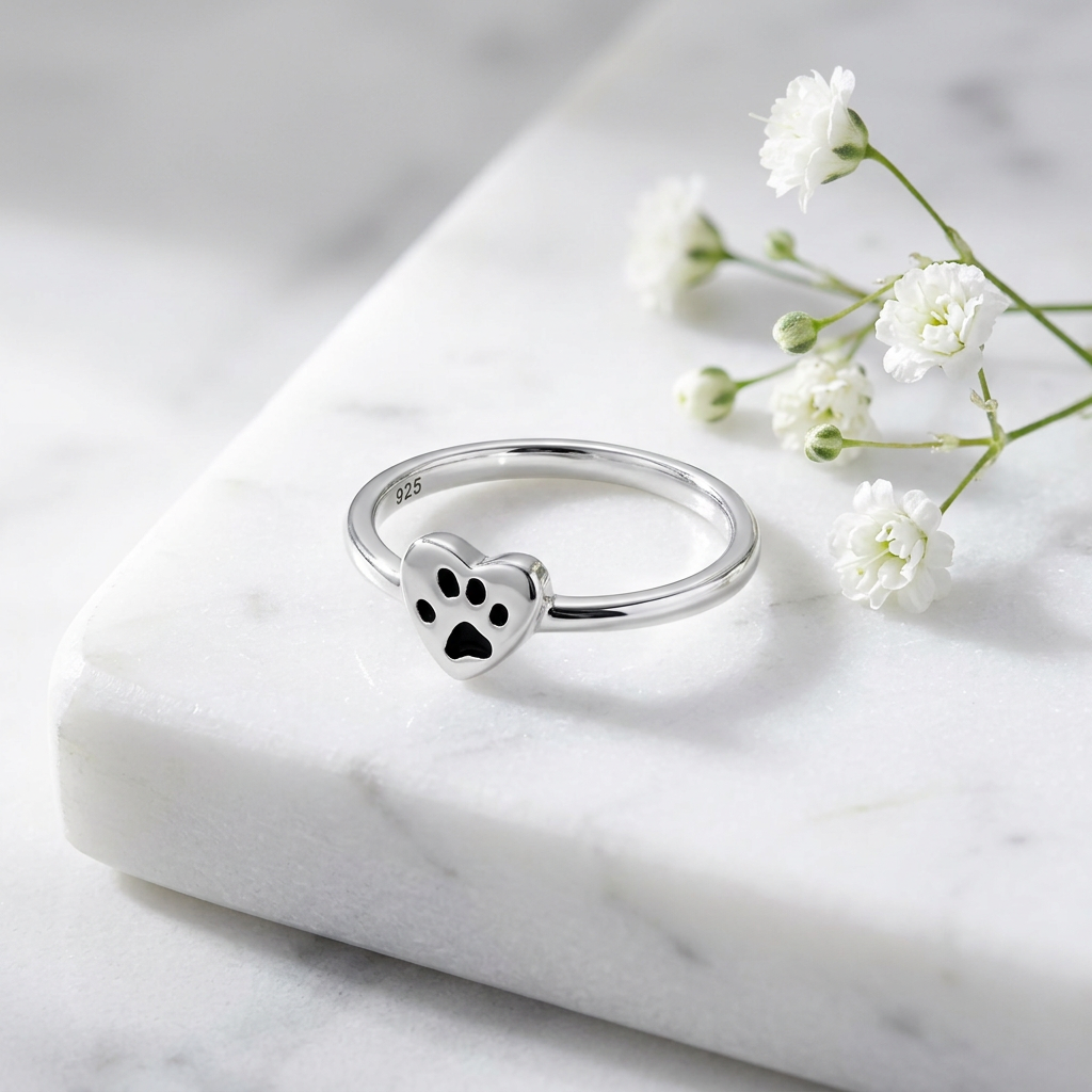 Sterling Silver 1.8mm Heart with Black Paw Print Pet Lover Ring for Women life1