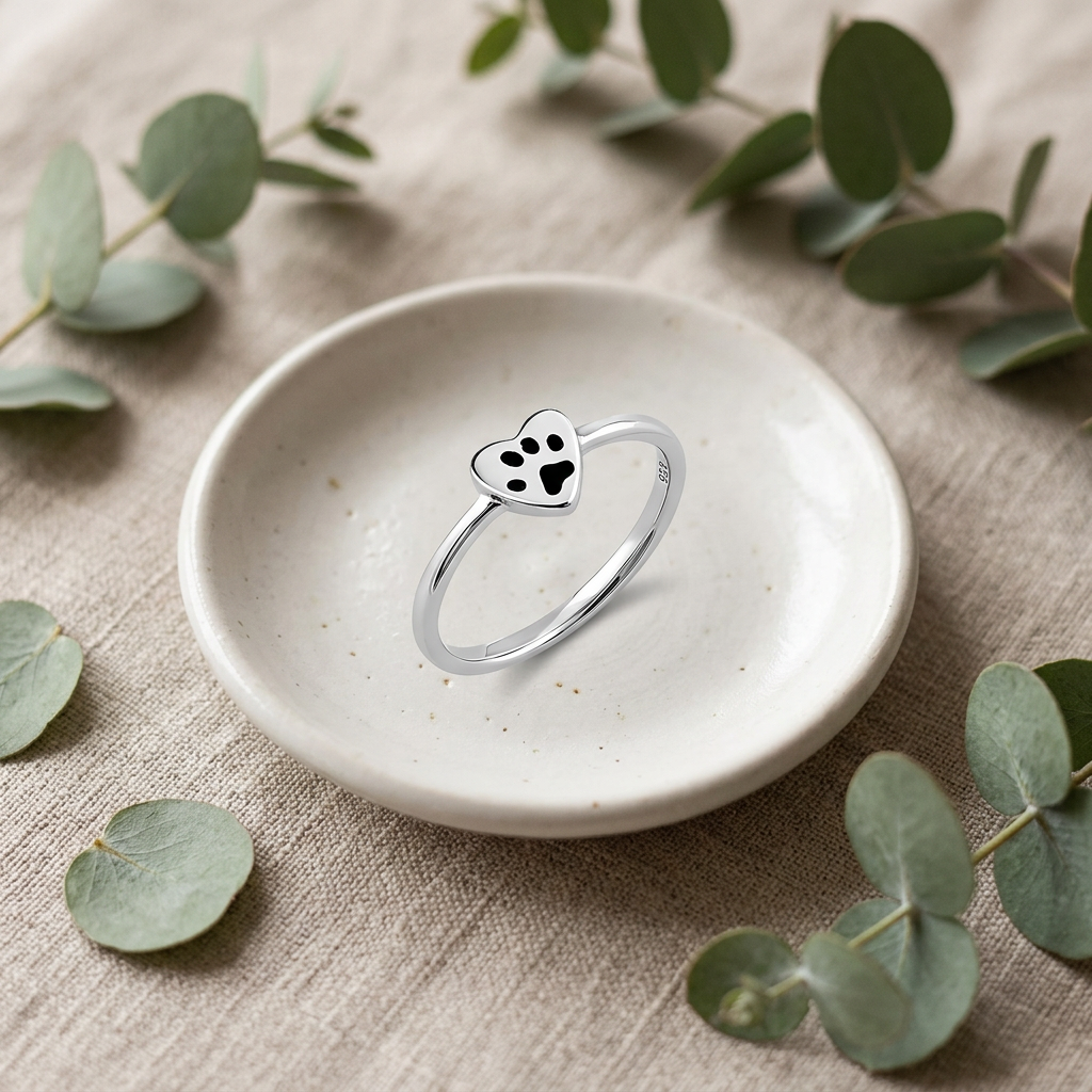 Sterling Silver 1.8mm Heart with Black Paw Print Pet Lover Ring for Women life2
