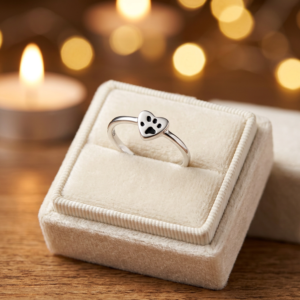 Sterling Silver 1.8mm Heart with Black Paw Print Pet Lover Ring for Women life3