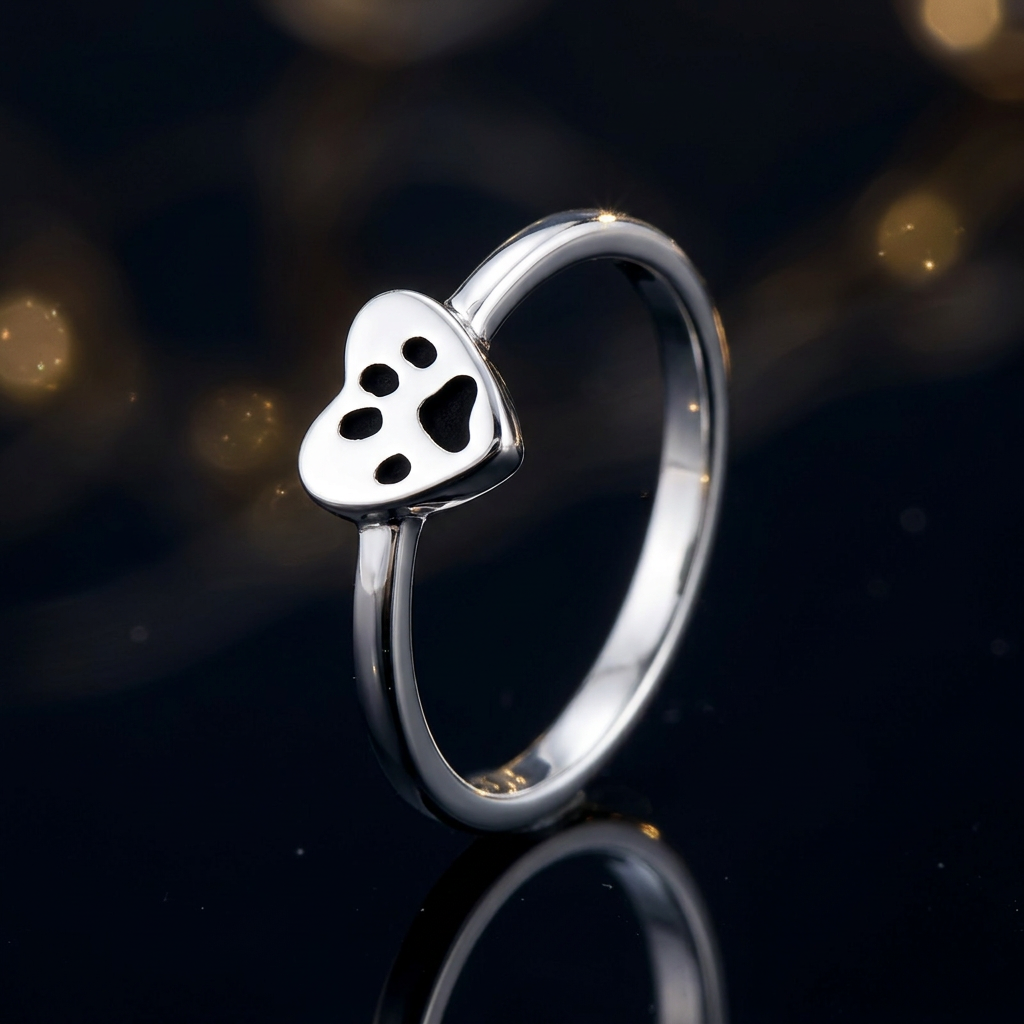 Sterling Silver 1.8mm Heart with Black Paw Print Pet Lover Ring for Women life4