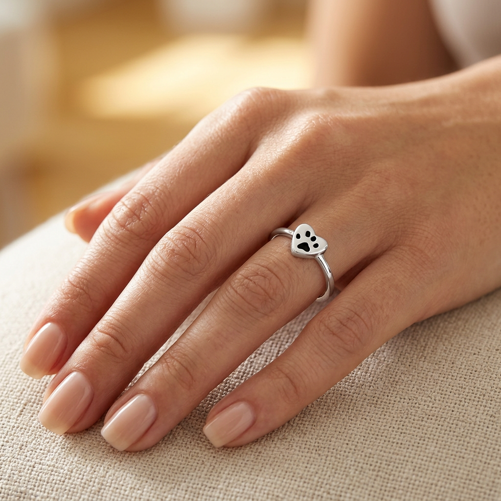 Sterling Silver 1.8mm Heart with Black Paw Print Pet Lover Ring for Women model