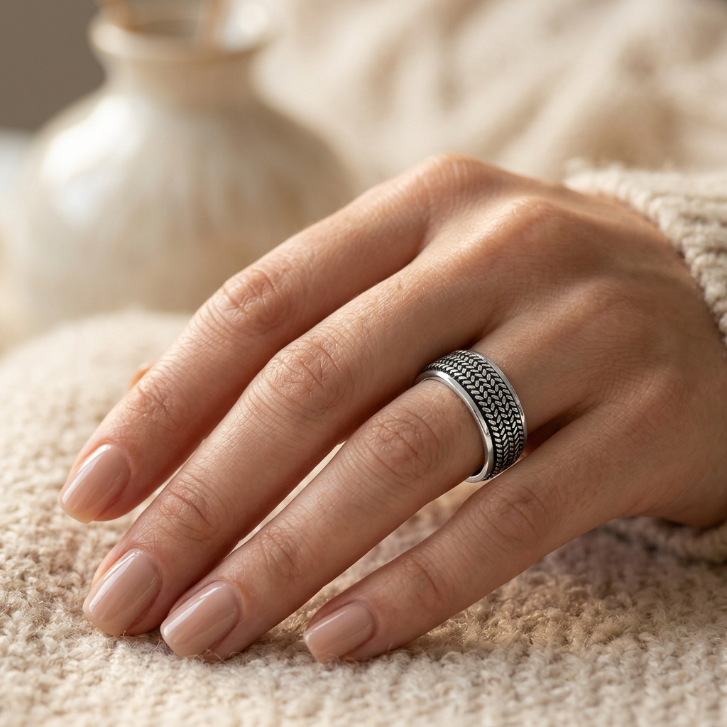 Sterling Silver 7.8mm Oxidized Woven Rope Pattern Band Ring for Women model