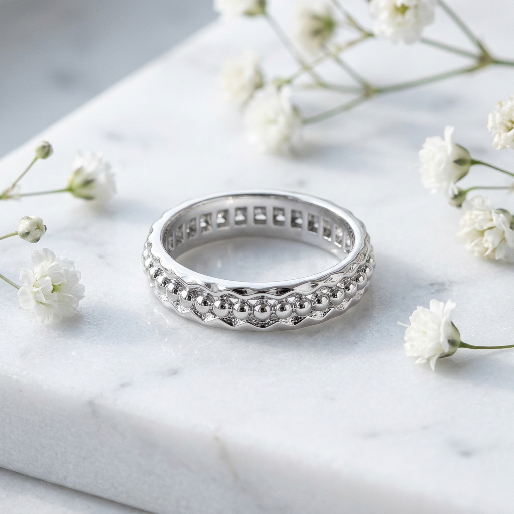 Sterling Silver 5mm Bead and Zigzag Edge Eternity Band Ring for Women life1