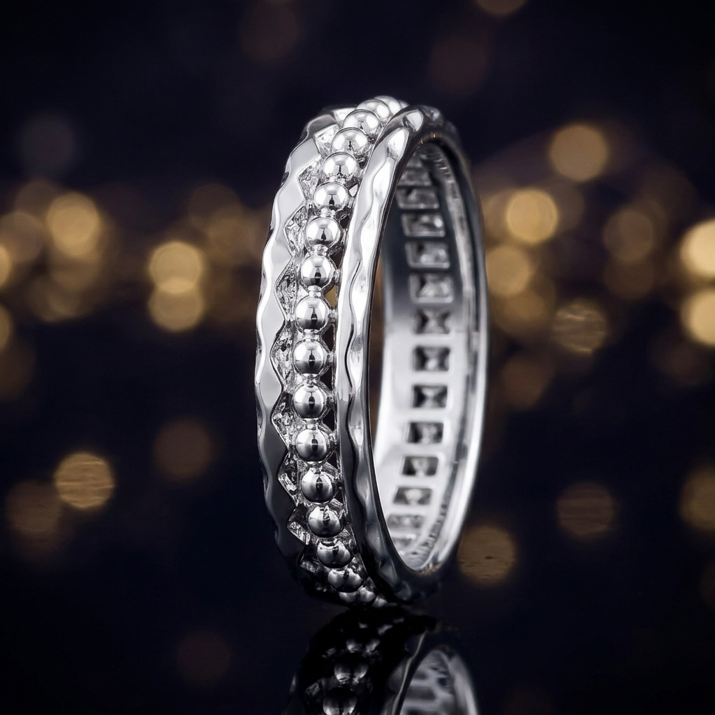 Sterling Silver 5mm Bead and Zigzag Edge Eternity Band Ring for Women life4