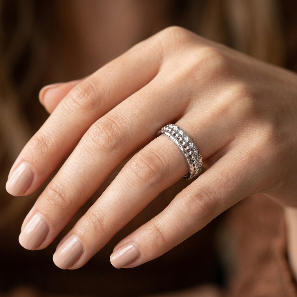 Sterling Silver 5mm Bead and Zigzag Edge Eternity Band Ring for Women model