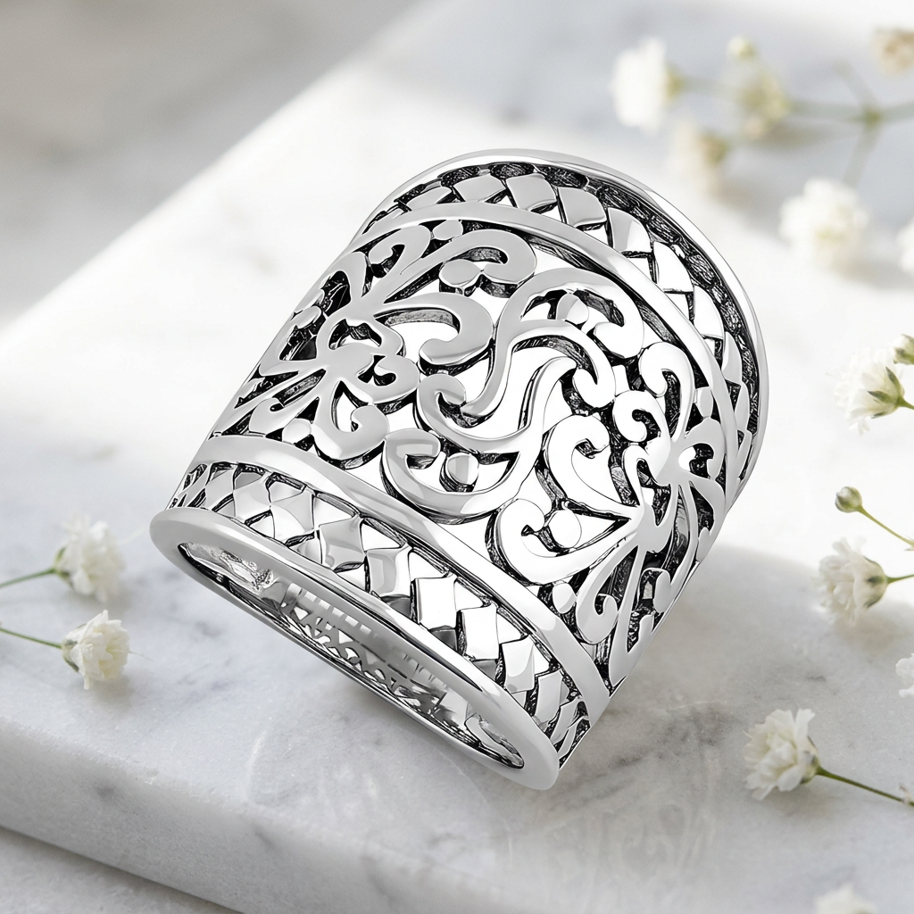 Sterling Silver 17.5mm Wide Filigree Scroll Woven Border Ring for Women life1