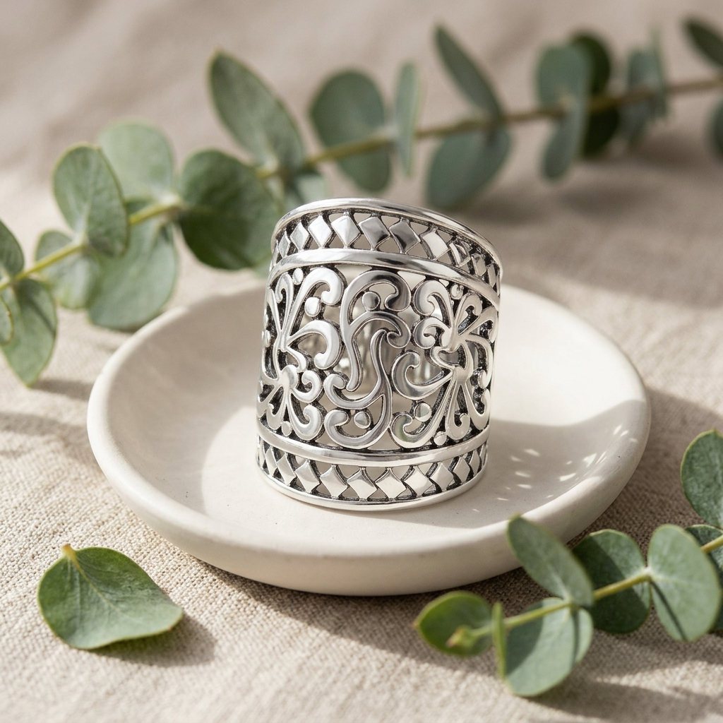 Sterling Silver 17.5mm Wide Filigree Scroll Woven Border Ring for Women life2