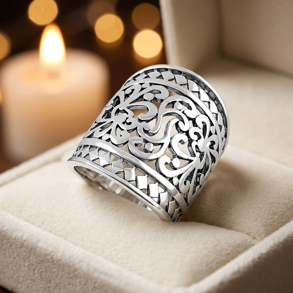 Sterling Silver 17.5mm Wide Filigree Scroll Woven Border Ring for Women life3