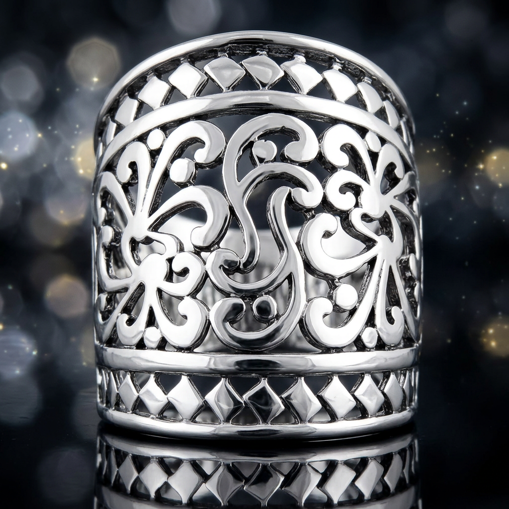 Sterling Silver 17.5mm Wide Filigree Scroll Woven Border Ring for Women life4