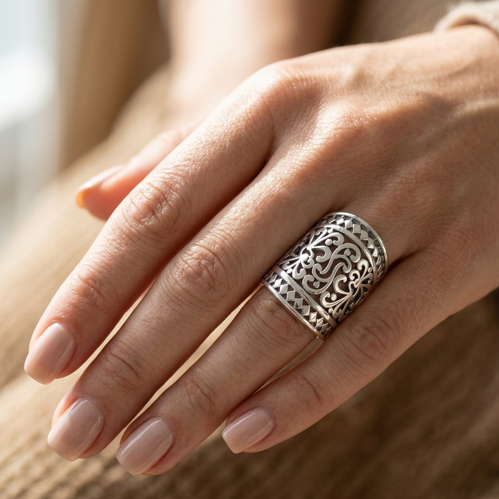 Sterling Silver 17.5mm Wide Filigree Scroll Woven Border Ring for Women model