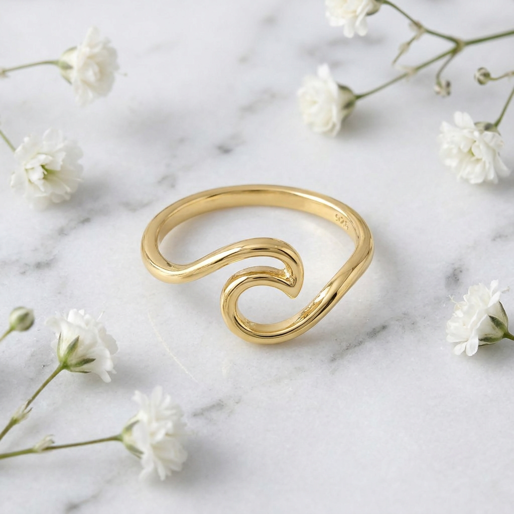 Gold Plated Sterling Silver Ocean Wave Curl Ring for Women life1