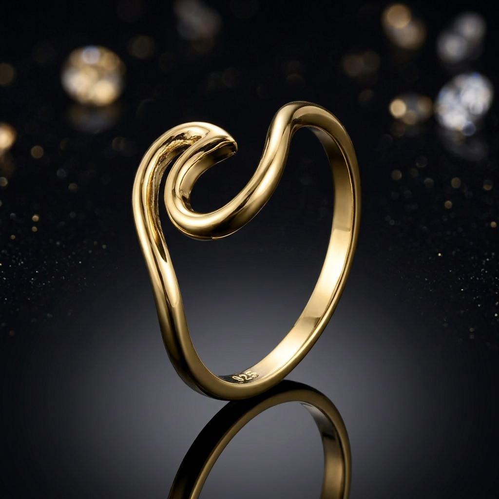 Gold Plated Sterling Silver Ocean Wave Curl Ring for Women life4