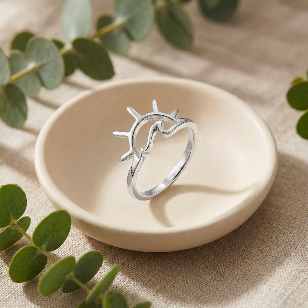 Sterling Silver Boho Sun and Ocean Wave Stacking Ring for Women life2