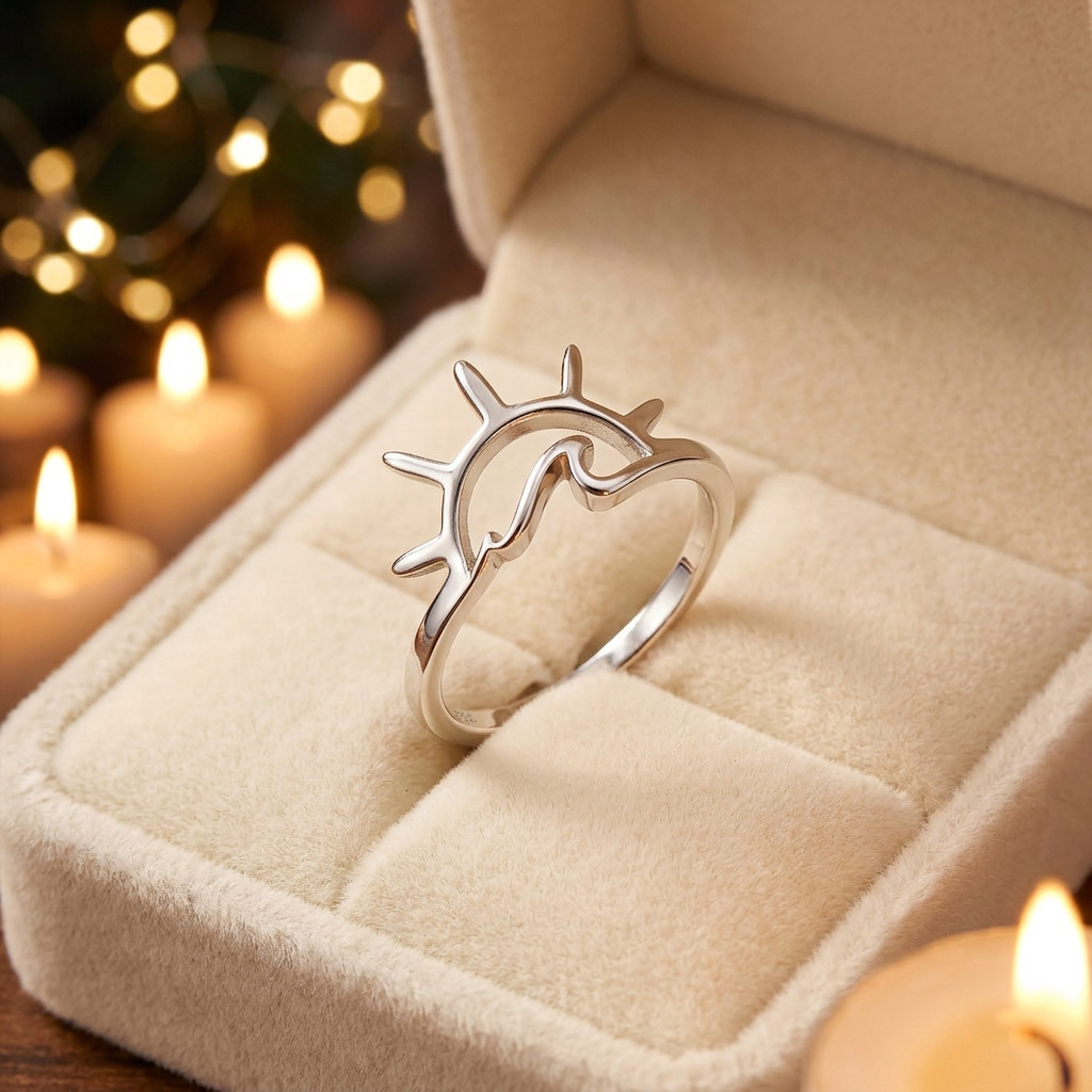 Sterling Silver Boho Sun and Ocean Wave Stacking Ring for Women life3