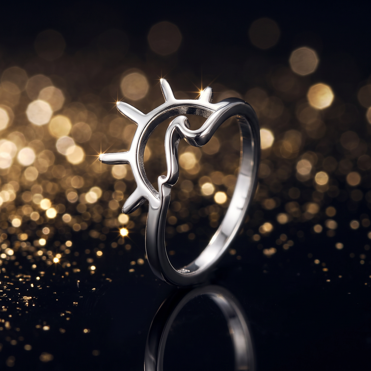 Sterling Silver Boho Sun and Ocean Wave Stacking Ring for Women life4