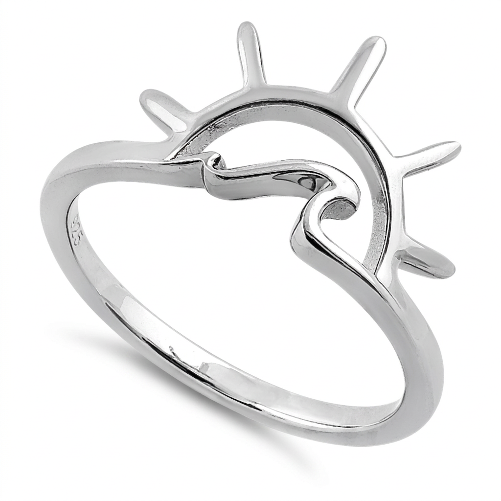 Sterling Silver Boho Sun and Ocean Wave Stacking Ring for Women