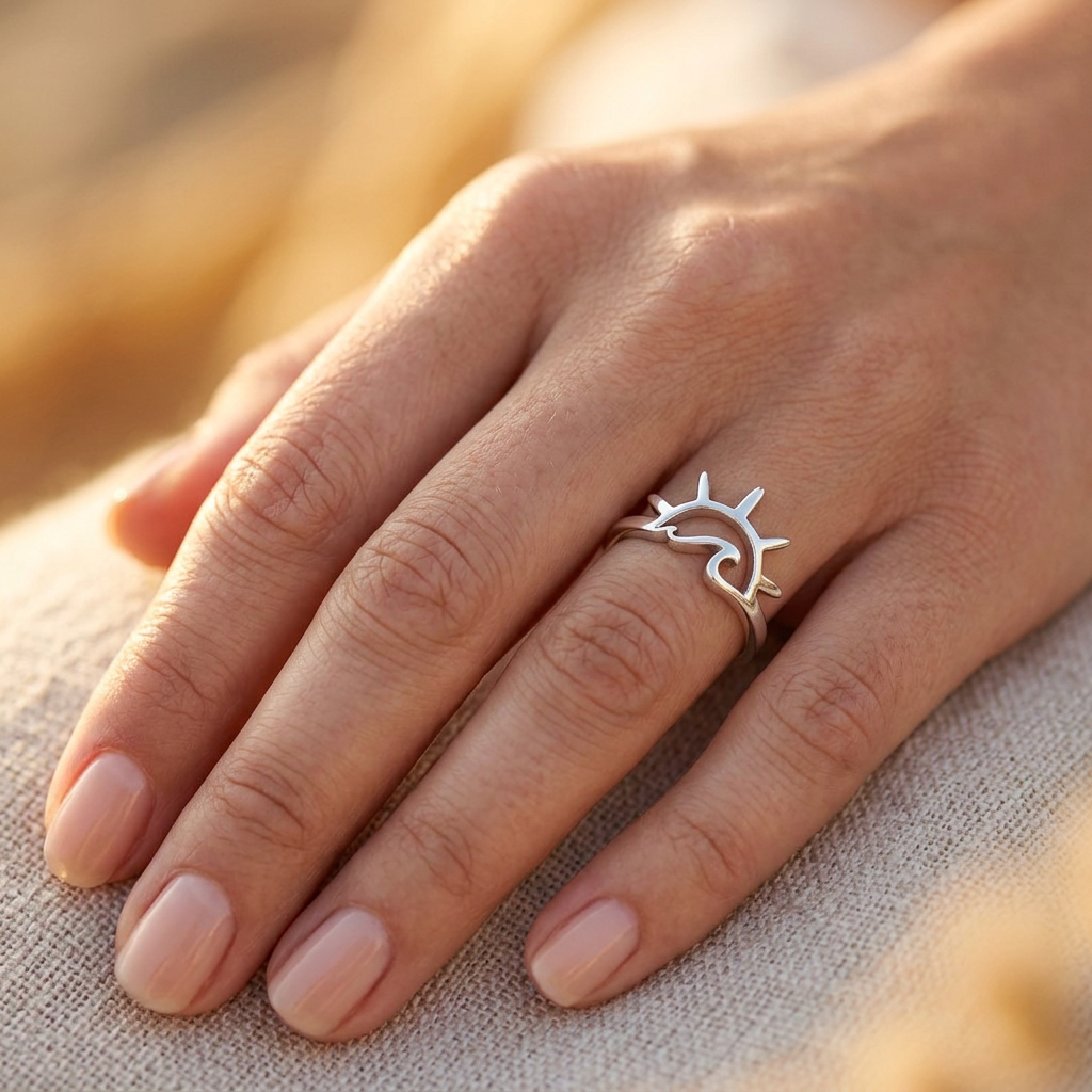 Sterling Silver Boho Sun and Ocean Wave Stacking Ring for Women model