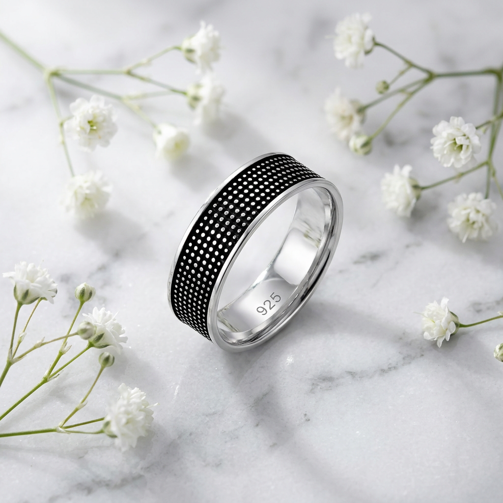 Sterling Silver 6.3mm Oxidized Dot Grid Textured Band Ring for Women life1