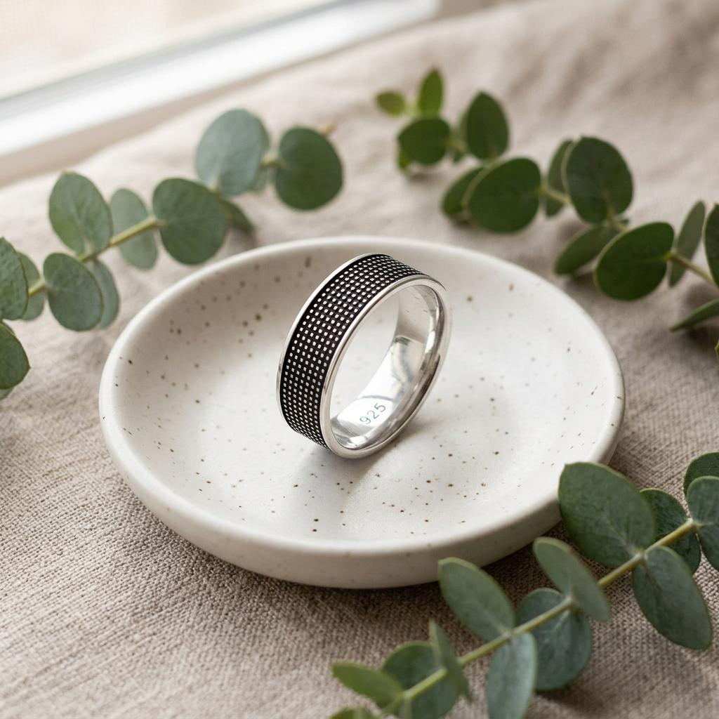 Sterling Silver 6.3mm Oxidized Dot Grid Textured Band Ring for Women life2