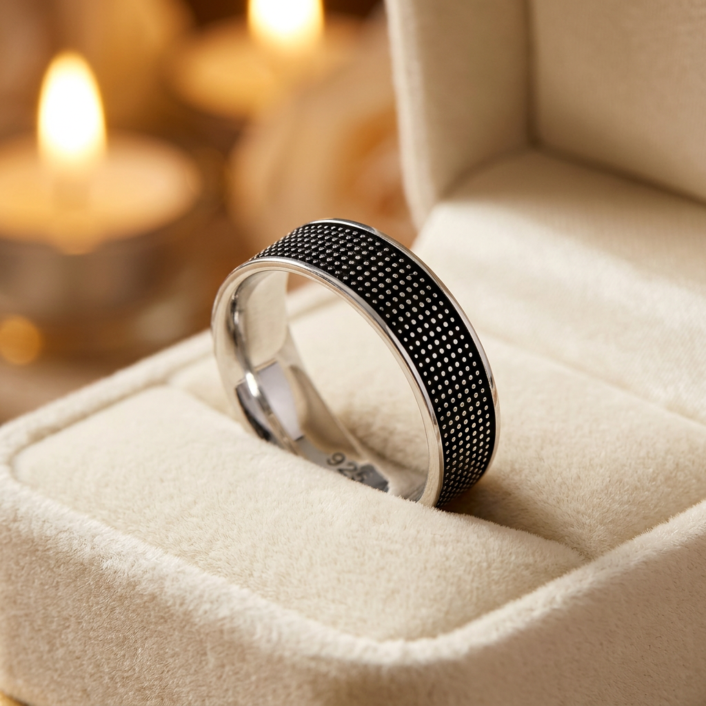 Sterling Silver 6.3mm Oxidized Dot Grid Textured Band Ring for Women life3