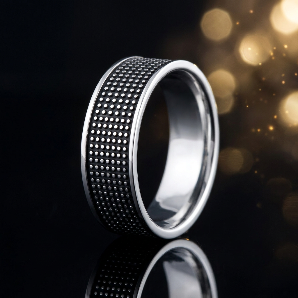 Sterling Silver 6.3mm Oxidized Dot Grid Textured Band Ring for Women life4