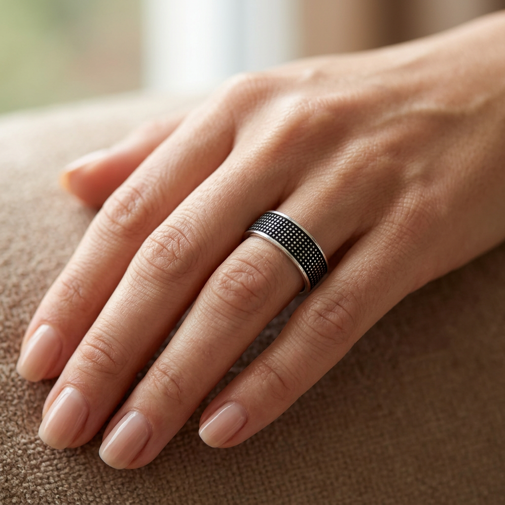 Sterling Silver 6.3mm Oxidized Dot Grid Textured Band Ring for Women model