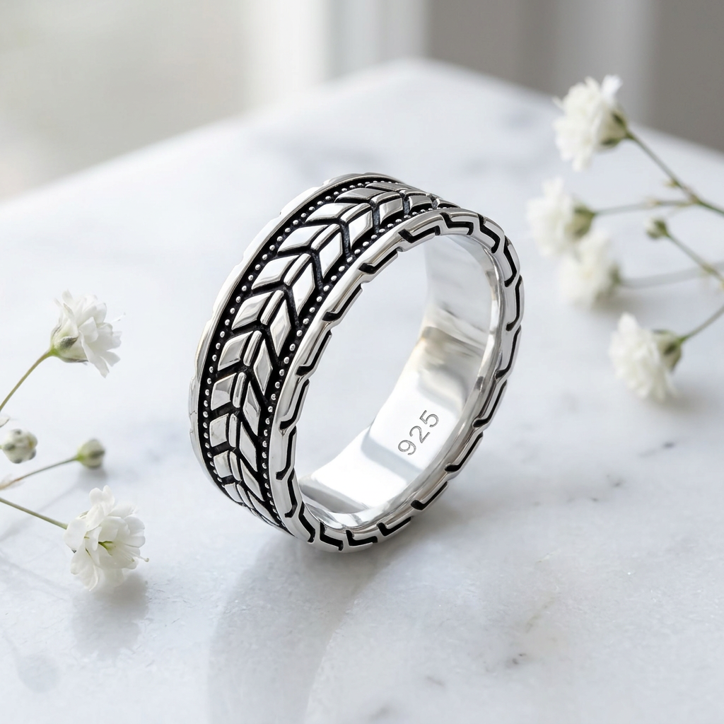 Sterling Silver 6.9mm Oxidized Chevron Arrow Tread Unisex Band Ring life1