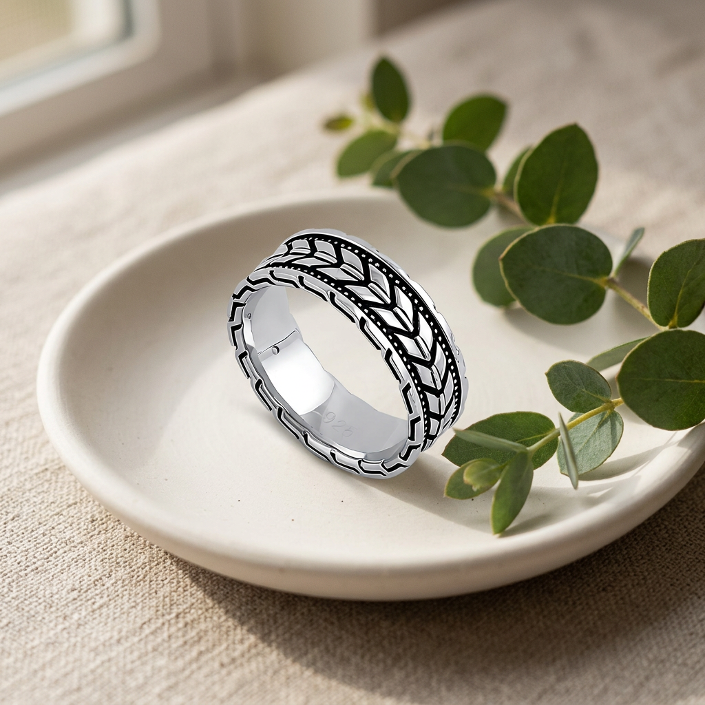 Sterling Silver 6.9mm Oxidized Chevron Arrow Tread Unisex Band Ring life2