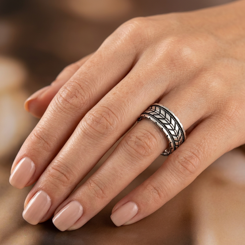 Sterling Silver 6.9mm Oxidized Chevron Arrow Tread Unisex Band Ring model