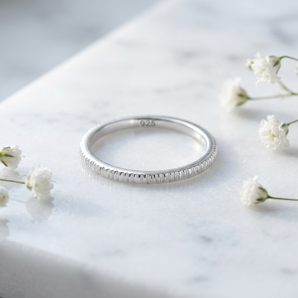 Sterling Silver 1.5mm Textured Ridged Stacking Band Ring for Women life1