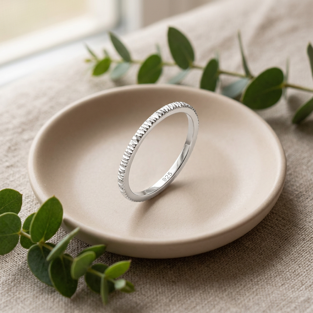 Sterling Silver 1.5mm Textured Ridged Stacking Band Ring for Women life2