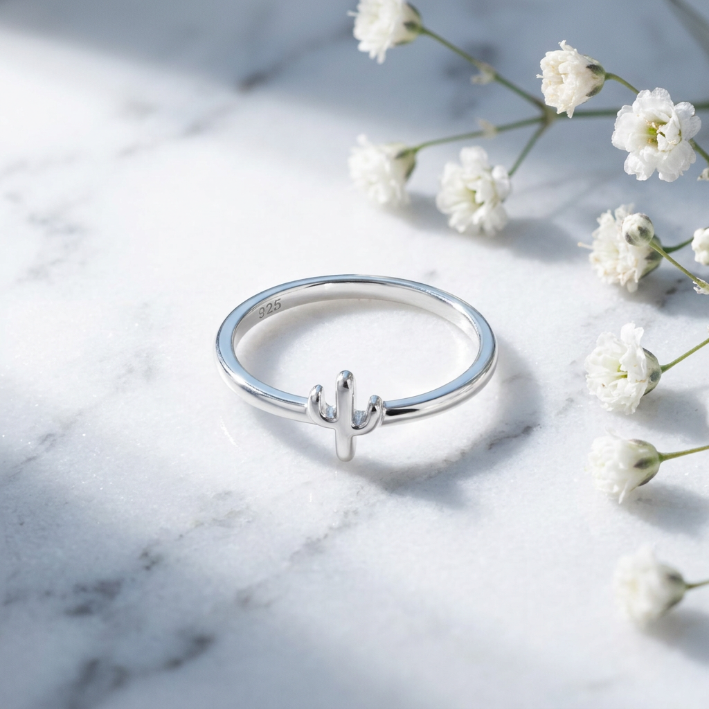 Sterling Silver 1.4mm Tiny Cactus Stacking Ring for Women life1