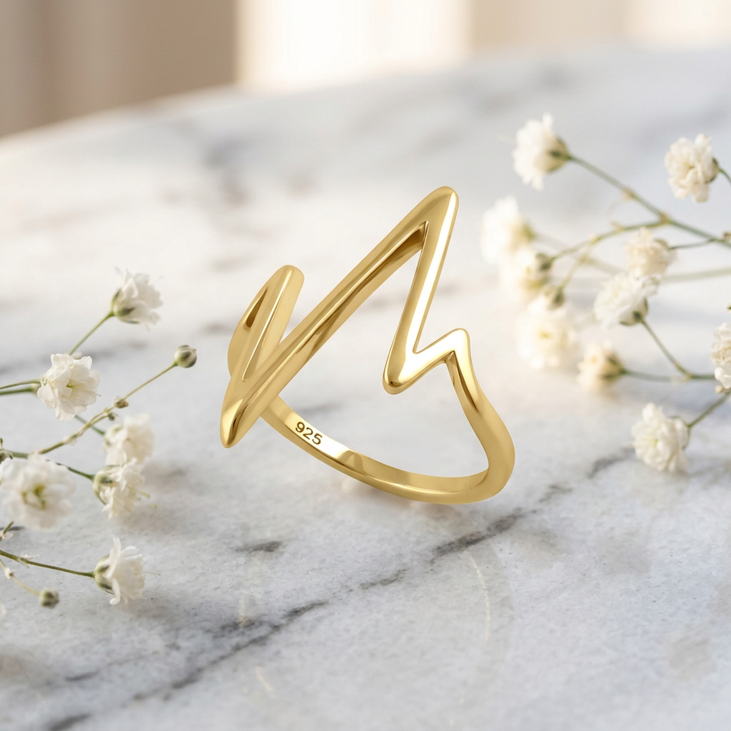 Gold Plated Sterling Silver Heartbeat Pulse Statement Ring for Women life1