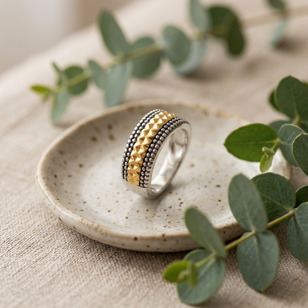 Two Tone Gold Plated Sterling Silver 6mm Pyramid Stud Band Ring for Women life2