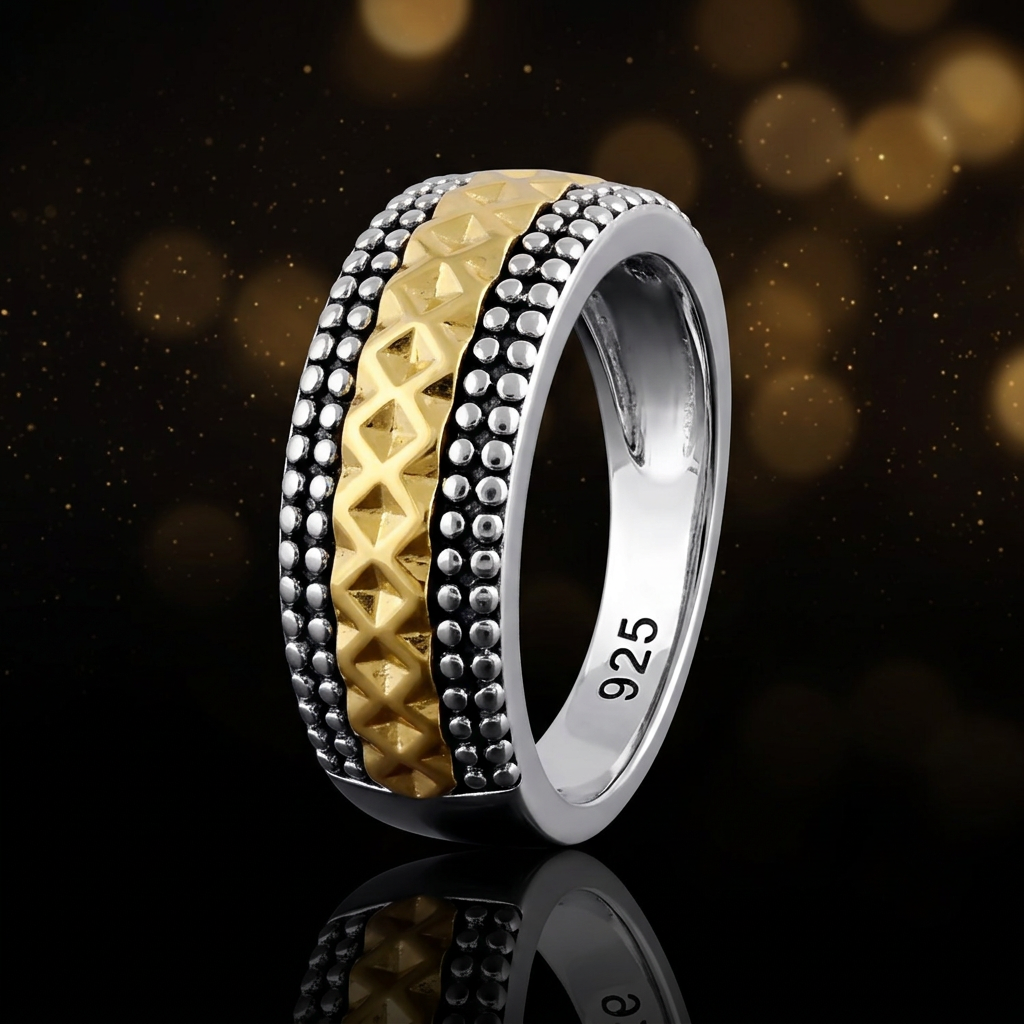 Two Tone Gold Plated Sterling Silver 6mm Pyramid Stud Band Ring for Women life4