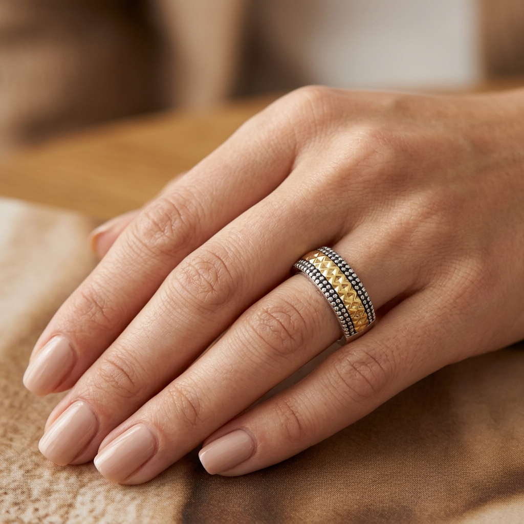 Two Tone Gold Plated Sterling Silver 6mm Pyramid Stud Band Ring for Women model