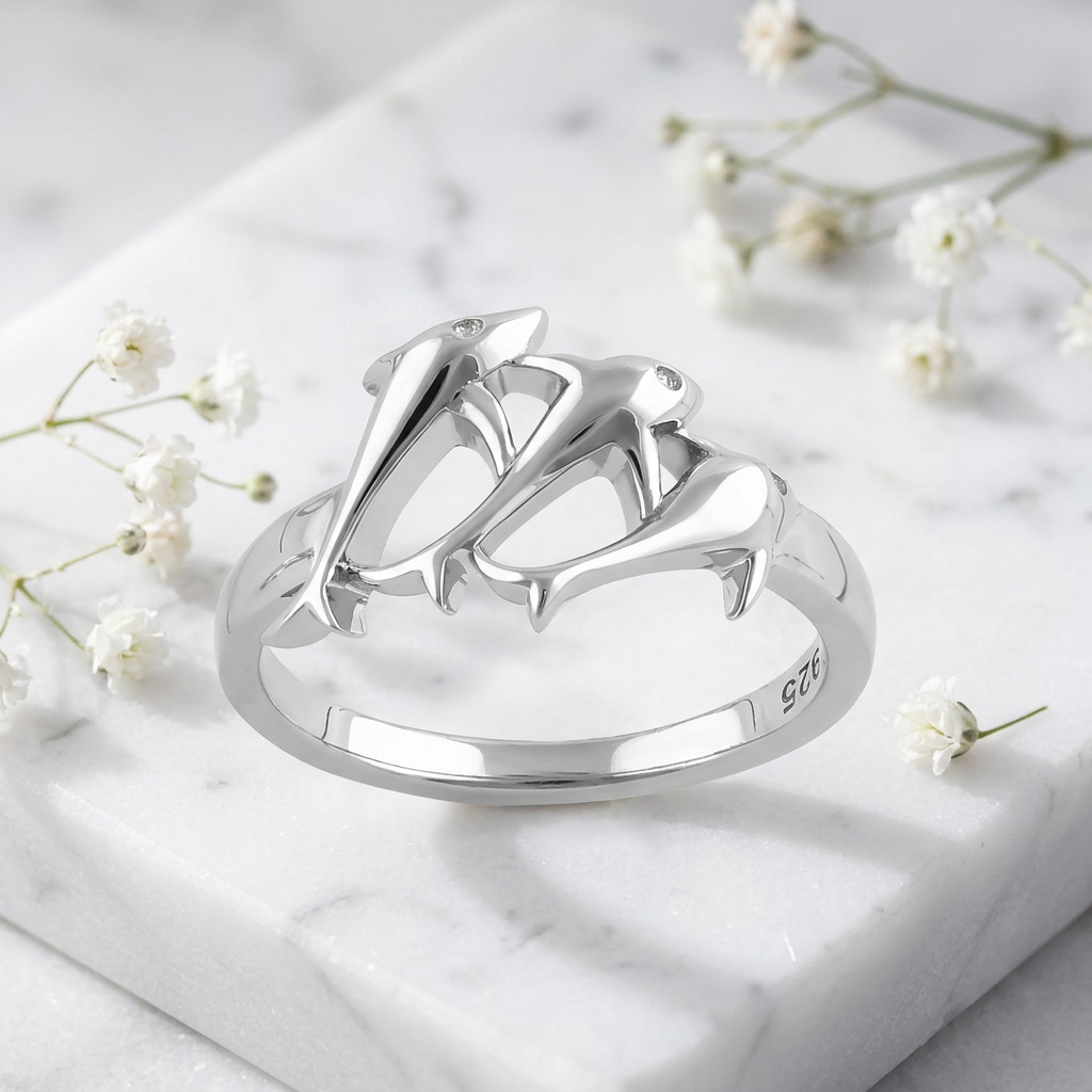 Sterling Silver Three Jumping Dolphins Ocean Ring for Women life1