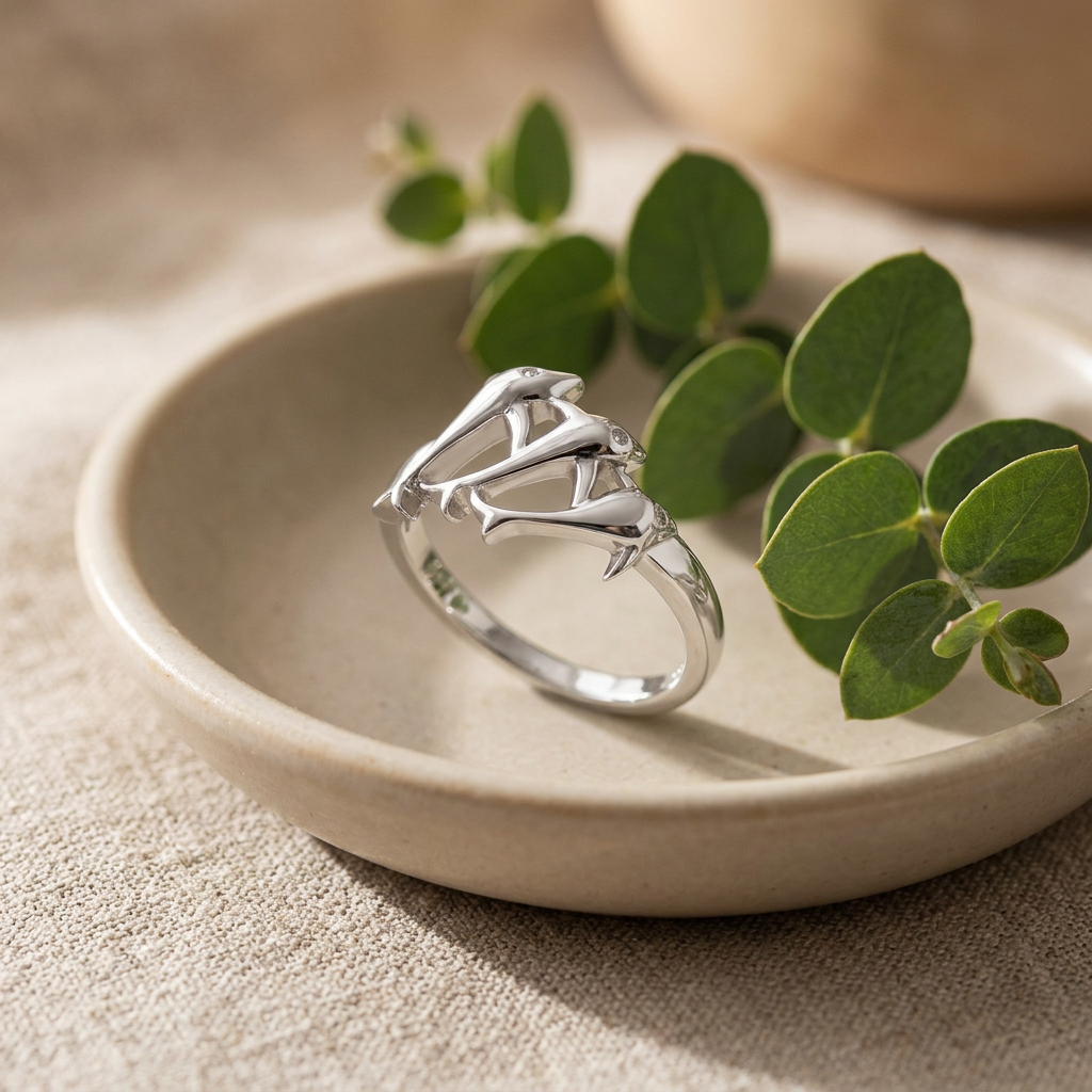 Sterling Silver Three Jumping Dolphins Ocean Ring for Women life2