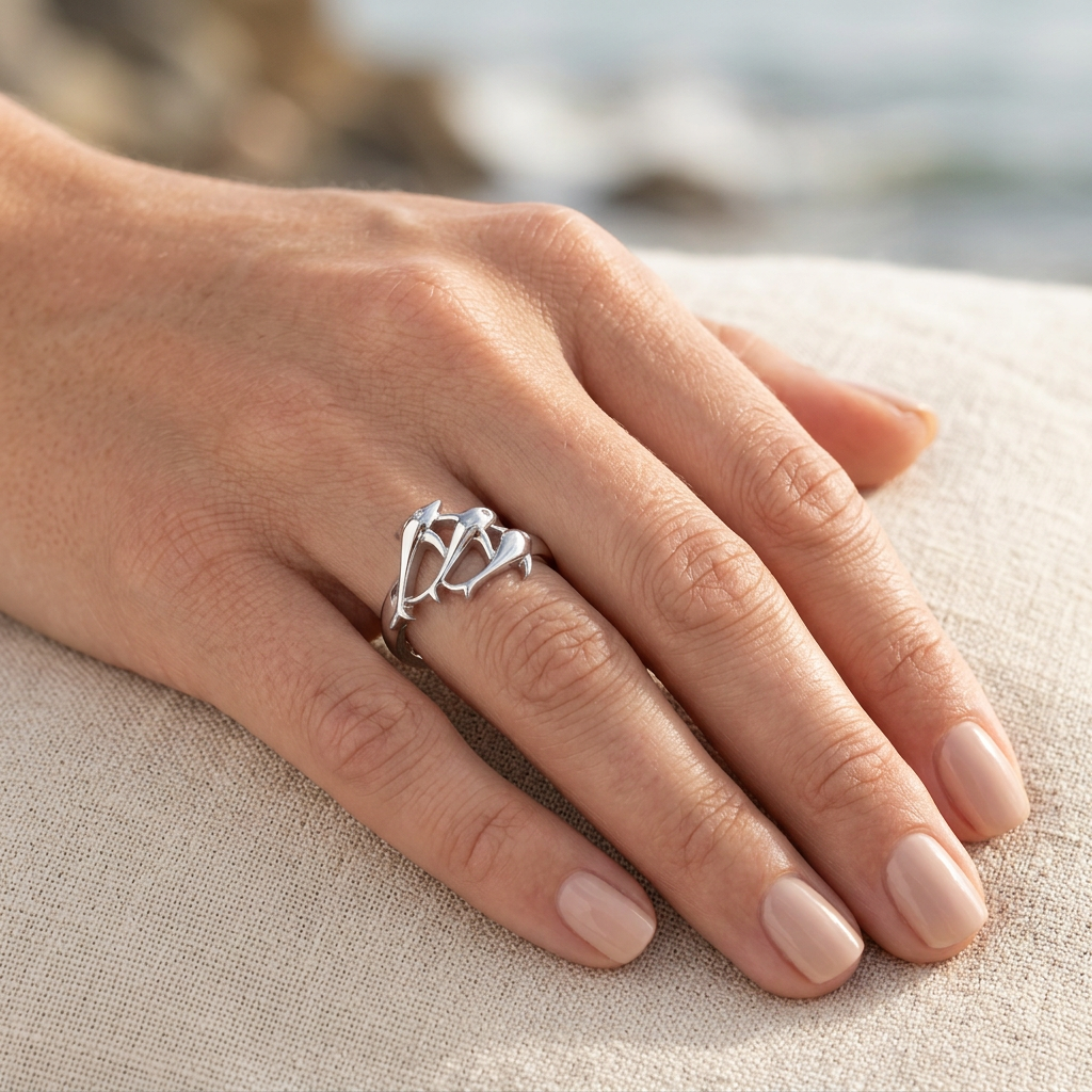 Sterling Silver Three Jumping Dolphins Ocean Ring for Women model