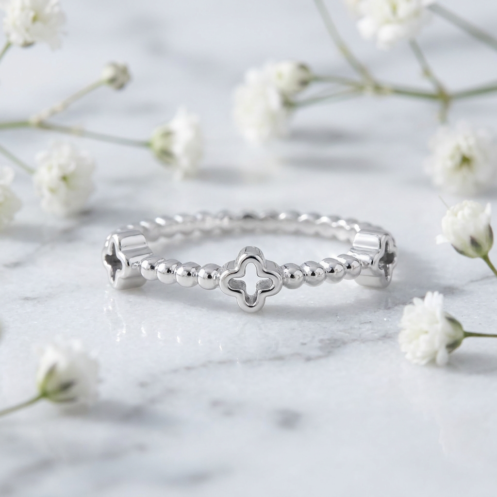 Sterling Silver 1.2mm Open Clover Cross Bead Stacking Ring for Women life1